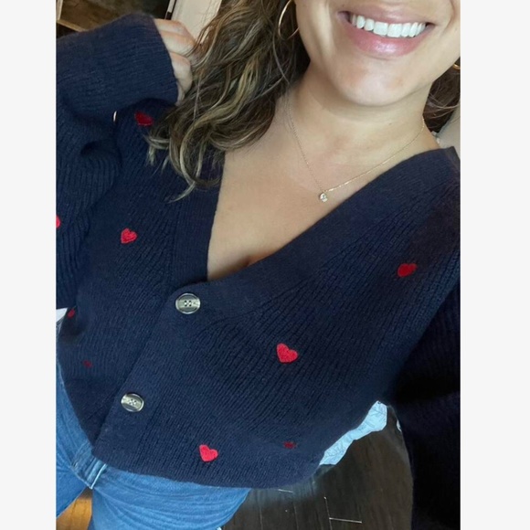 Embroidered Red Hearts Cardigan Navy Blue Oversized - Picture 8 of 9